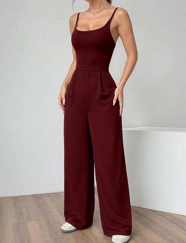 Women's Solid Color Sleeveless Spaghetti Strap Jumpsuit - Open Back, Wide Leg Casual Romper for Summer & Party in Kuwait