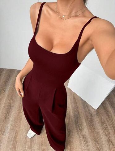 Women's Solid Color Sleeveless Spaghetti Strap Jumpsuit - Open Back, Wide Leg Casual Romper for Summer & Party in Kuwait