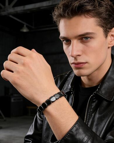 Hemys Hematite Bracelet for Men Black Hematite Stone Bracelet Natural Round Square Stone Stretch Bracelets Restore Confidence Enhance Mental Jewelry Accessories Gifts in Saudi Arabia