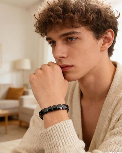Hemys Hematite Bracelet for Men Black Hematite Stone Bracelet Natural Round Square Stone Stretch Bracelets Restore Confidence Enhance Mental Jewelry Accessories Gifts in Saudi Arabia
