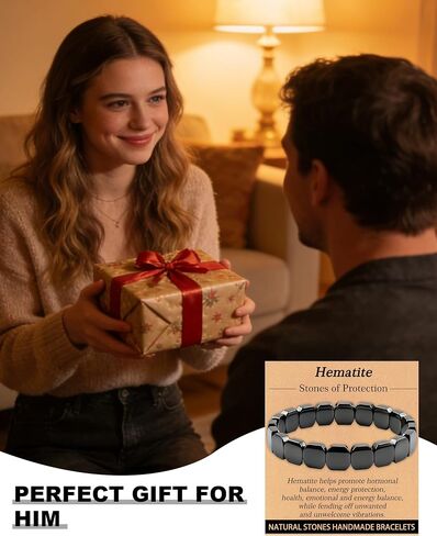 Hemys Hematite Bracelet for Men Black Hematite Stone Bracelet Natural Round Square Stone Stretch Bracelets Restore Confidence Enhance Mental Jewelry Accessories Gifts in Saudi Arabia