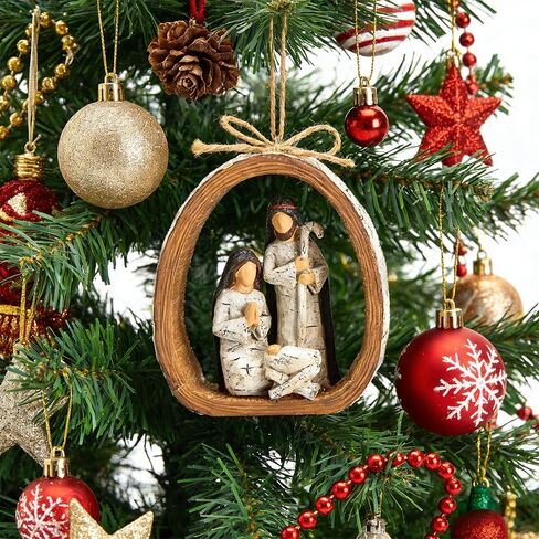 Holy Family Birch Bark Ring Nativity Set Hanging Christmas Decorations with Jute Bow-Nativity Ornaments Xmas Tree/Wreath/Manger Décor Christian Baptism Gift by UGKIamous in Kuwait