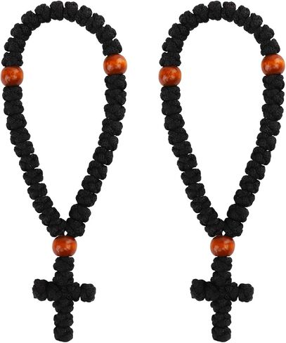 2 Pcs Orthodox Prayer Rope Bracelets for Handmade 33 Knot, Christian Greek Knot Beads Bracelet with Cross Pendant, Blessing Spiritual Gifts for Men & Women, Car Hanging Charm (Black) in Saudi Arabia