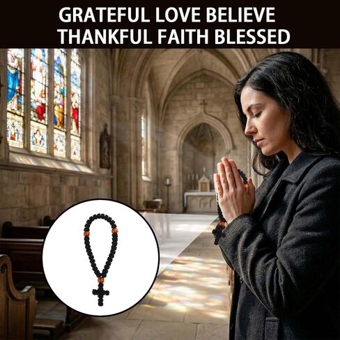 2 Pcs Orthodox Prayer Rope Bracelets for Handmade 33 Knot, Christian Greek Knot Beads Bracelet with Cross Pendant, Blessing Spiritual Gifts for Men & Women, Car Hanging Charm (Black) in Saudi Arabia