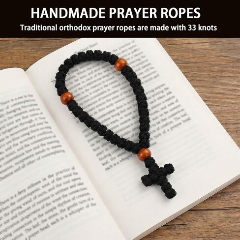 2 Pcs Orthodox Prayer Rope Bracelets for Handmade 33 Knot, Christian Greek Knot Beads Bracelet with Cross Pendant, Blessing Spiritual Gifts for Men & Women, Car Hanging Charm (Black) in Saudi Arabia
