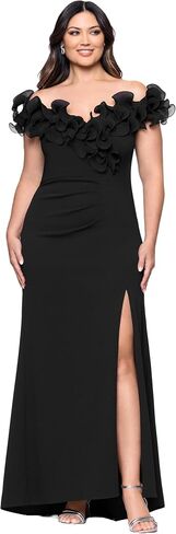 Xscape Women's Scuba Crepe Off The Shoulder Short Sleeve Ruffle Floor Length Dress (Plus) in Kuwait