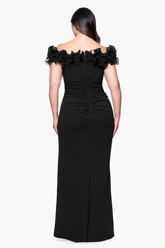 Xscape Women's Scuba Crepe Off The Shoulder Short Sleeve Ruffle Floor Length Dress (Plus) in Kuwait
