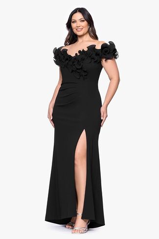 Xscape Women's Scuba Crepe Off The Shoulder Short Sleeve Ruffle Floor Length Dress (Plus) in Kuwait