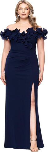 Xscape Women's Scuba Crepe Off The Shoulder Short Sleeve Ruffle Floor Length Dress (Plus) in Kuwait