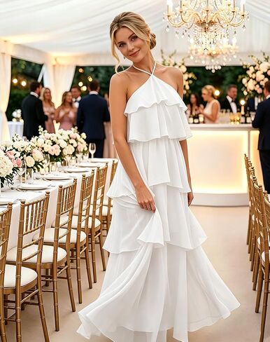 Summer Wedding Guest Dress for Women 2026 Halter Bridesmaid Dress Formal Evening Tiered Chiffon Maxi Dresses in Kuwait