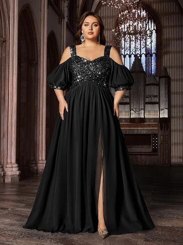Women's Elegant Plus Size Sequin Wedding Guest Formal Maxi Dresses Off Shoulder Bridesmaid Party Cocktail Prom Gown in Saudi Arabia