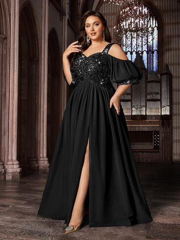 Women's Elegant Plus Size Sequin Wedding Guest Formal Maxi Dresses Off Shoulder Bridesmaid Party Cocktail Prom Gown in Saudi Arabia