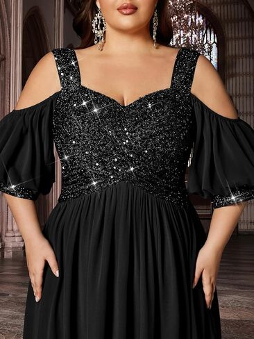 Women's Elegant Plus Size Sequin Wedding Guest Formal Maxi Dresses Off Shoulder Bridesmaid Party Cocktail Prom Gown in Saudi Arabia