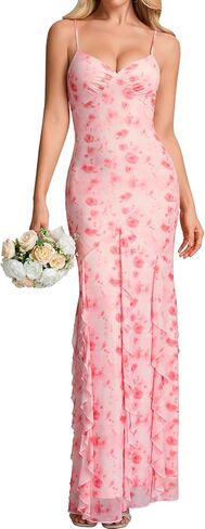 URYIAO Summer Floral Wedding Guest Maxi Dresses for Women Formal Ruffle Bodycon V Neck Cocktail Long Dress in Saudi Arabia