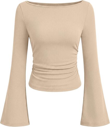 ANRABESS Women Bell Long Sleeve Top | Boat Neck Flare Sleeve Shirts，Ruched Side Crop Tee,Soft Comfy Ribbed,Business Casual Work & Travel Vacation & All Day Wear in Kuwait