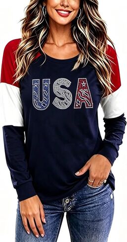 Roshop 4th of July Patriotic Women's Long Sleeve Glittering American Flag Star Stripes Tops in Saudi Arabia