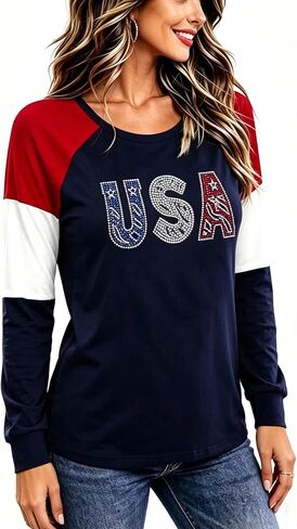 Roshop 4th of July Patriotic Women's Long Sleeve Glittering American Flag Star Stripes Tops in Saudi Arabia