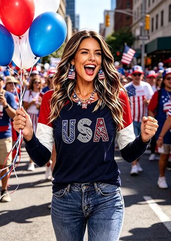 Roshop 4th of July Patriotic Women's Long Sleeve Glittering American Flag Star Stripes Tops in Saudi Arabia
