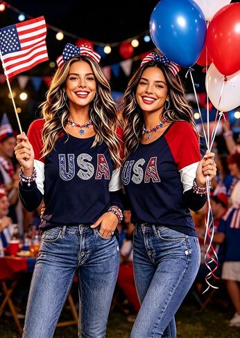 Roshop 4th of July Patriotic Women's Long Sleeve Glittering American Flag Star Stripes Tops in Saudi Arabia