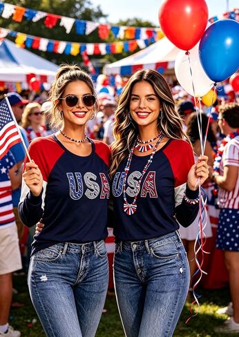 Roshop 4th of July Patriotic Women's Long Sleeve Glittering American Flag Star Stripes Tops in Saudi Arabia