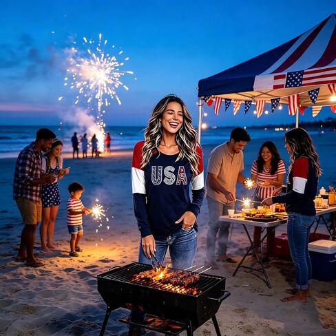 Roshop 4th of July Patriotic Women's Long Sleeve Glittering American Flag Star Stripes Tops in Saudi Arabia