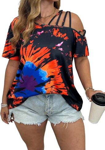 WDIRARA Women's Plus Size Tie Dye Off Shoulder Tops Short Sleeve T Shirt in Kuwait