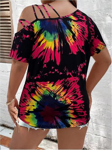 WDIRARA Women's Plus Size Tie Dye Off Shoulder Tops Short Sleeve T Shirt in Kuwait