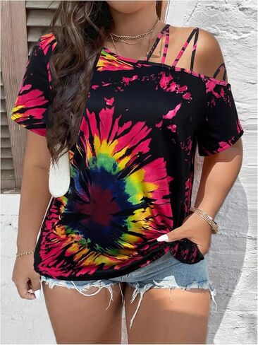 WDIRARA Women's Plus Size Tie Dye Off Shoulder Tops Short Sleeve T Shirt in Kuwait