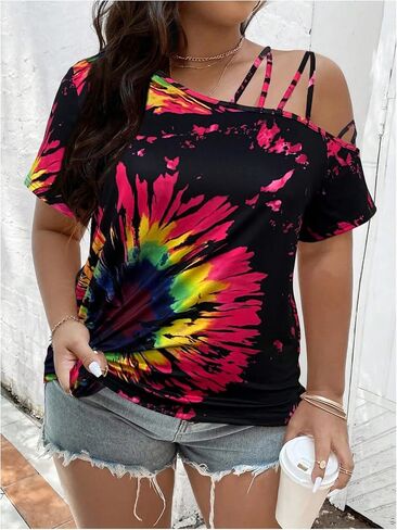 WDIRARA Women's Plus Size Tie Dye Off Shoulder Tops Short Sleeve T Shirt in Kuwait