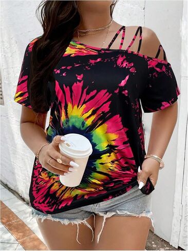 WDIRARA Women's Plus Size Tie Dye Off Shoulder Tops Short Sleeve T Shirt in Kuwait