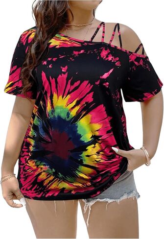 WDIRARA Women's Plus Size Tie Dye Off Shoulder Tops Short Sleeve T Shirt in Kuwait