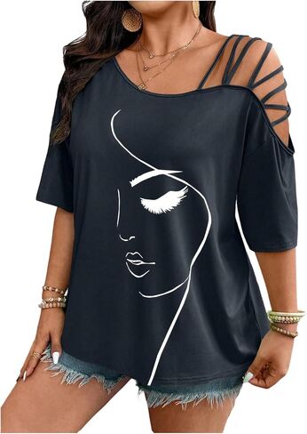 WDIRARA Women's Plus Size Tie Dye Off Shoulder Tops Short Sleeve T Shirt in Kuwait
