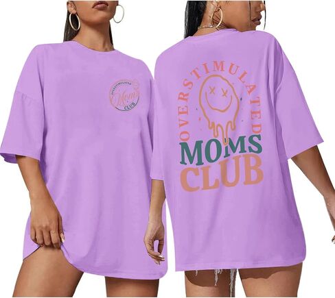 BeWithYou Overstimulated Moms Club Shirt for Women Funny Oversized Mom Shirts Antisocial Aesthetic Trendy Graphic Tee Tops in Saudi Arabia