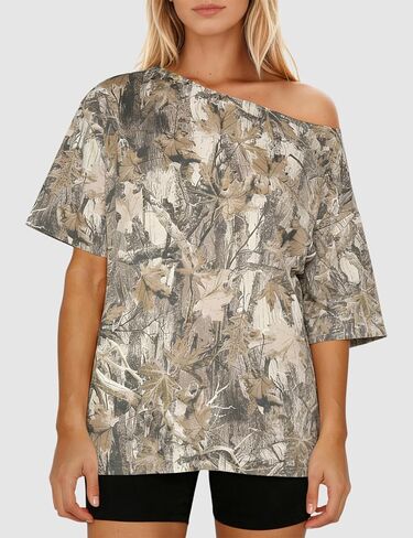 MSBESYOR Women Off The Shoulder Camo T Shirt Camouflage Print Short Sleeve Tee Shirt Summer Oversized Boat Neck Shirts Top in Saudi Arabia