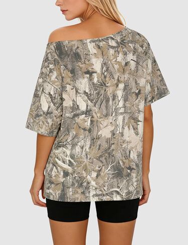 MSBESYOR Women Off The Shoulder Camo T Shirt Camouflage Print Short Sleeve Tee Shirt Summer Oversized Boat Neck Shirts Top in Saudi Arabia