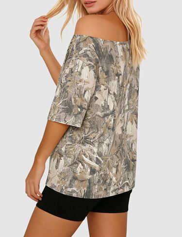 MSBESYOR Women Off The Shoulder Camo T Shirt Camouflage Print Short Sleeve Tee Shirt Summer Oversized Boat Neck Shirts Top in Saudi Arabia
