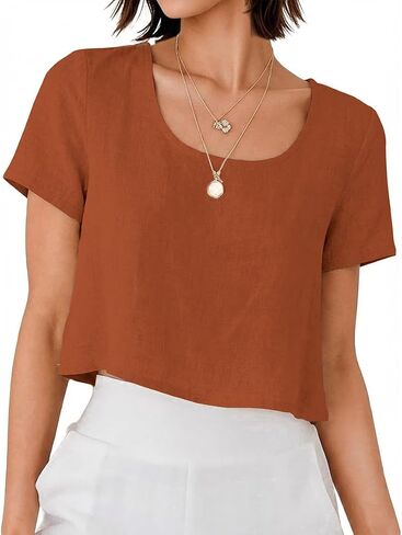 Linen Shirts for Women Spring Summer Short Sleeve Scoop Neck Crop Tops Cute Casual Trendy Beach Vacation Blouse in Saudi Arabia