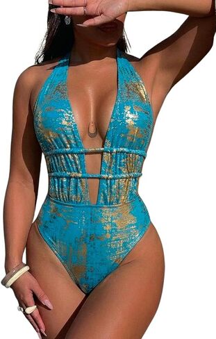 Women Sexy High Cut Cheeky One Piece Swimsuits Cross Tie Plunge Monokini Bathing Suit Metallic Bodysuit Pool Party Rave in Kuwait