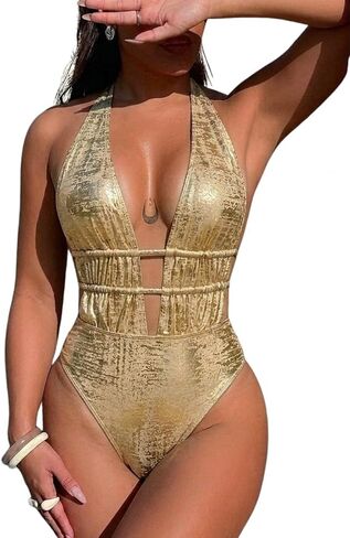 Women Sexy High Cut Cheeky One Piece Swimsuits Cross Tie Plunge Monokini Bathing Suit Metallic Bodysuit Pool Party Rave in Kuwait