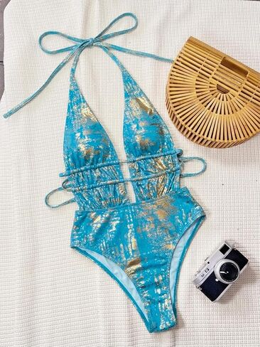 Women Sexy High Cut Cheeky One Piece Swimsuits Cross Tie Plunge Monokini Bathing Suit Metallic Bodysuit Pool Party Rave in Kuwait
