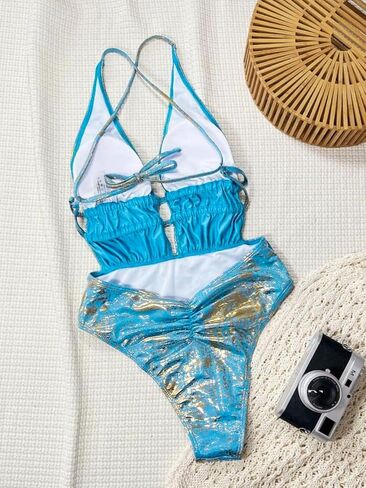 Women Sexy High Cut Cheeky One Piece Swimsuits Cross Tie Plunge Monokini Bathing Suit Metallic Bodysuit Pool Party Rave in Kuwait