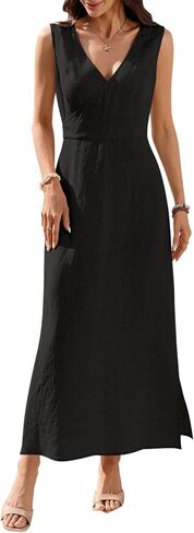 Women's 100% Linen Maxi Dress Wrap V Neck Sleeveless 2026 Summer Trendy Split Dresses in Saudi Arabia