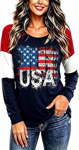 Roshop 4th of July Patriotic Women's Long Sleeve Glittering American Flag Star Stripes Tops in Saudi Arabia