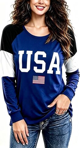 Roshop 4th of July Patriotic Women's Long Sleeve Glittering American Flag Star Stripes Tops in Saudi Arabia