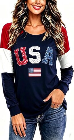 Roshop 4th of July Patriotic Women's Long Sleeve Glittering American Flag Star Stripes Tops in Saudi Arabia