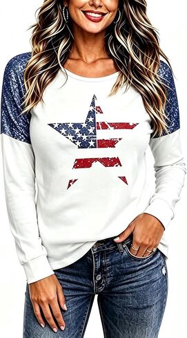 Roshop 4th of July Patriotic Women's Long Sleeve Glittering American Flag Star Stripes Tops in Saudi Arabia