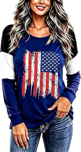 Roshop 4th of July Patriotic Women's Long Sleeve Glittering American Flag Star Stripes Tops in Saudi Arabia