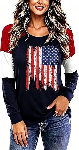 Roshop 4th of July Patriotic Women's Long Sleeve Glittering American Flag Star Stripes Tops in Saudi Arabia