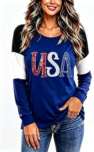 Roshop 4th of July Patriotic Women's Long Sleeve Glittering American Flag Star Stripes Tops in Saudi Arabia