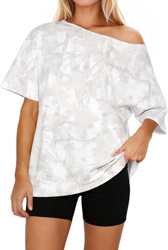 MSBESYOR Women Off The Shoulder Camo T Shirt Camouflage Print Short Sleeve Tee Shirt Summer Oversized Boat Neck Shirts Top in Saudi Arabia